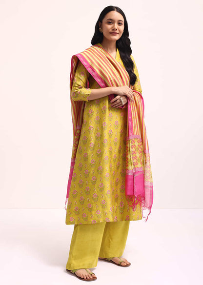 Lime Green Block Printed Chanderi Kurta Palazzo Set