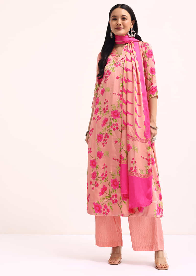 Peach Floral Printed Satin Kurta Palazzo Set