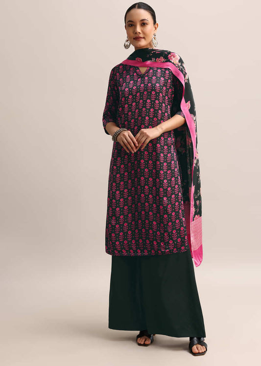 lack Floral Printed Kurta Palazzo With Dupatta