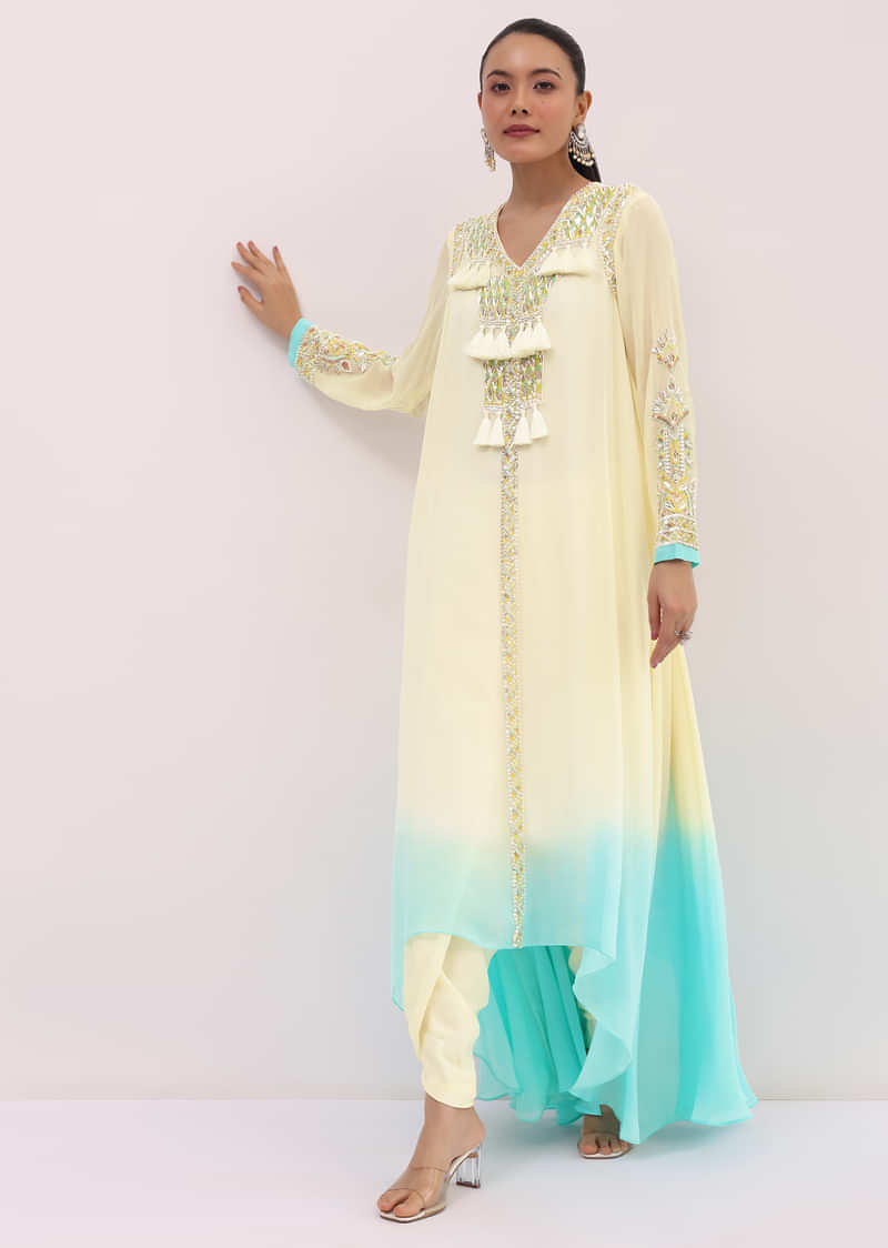 Off White And Blue Georgette Kurta Dhoti