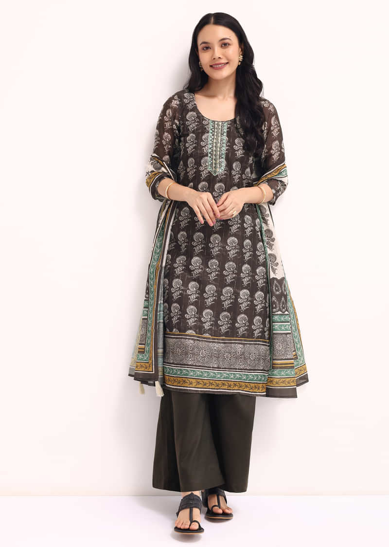 Grey Printed Chanderi Kurta Palazzo Set