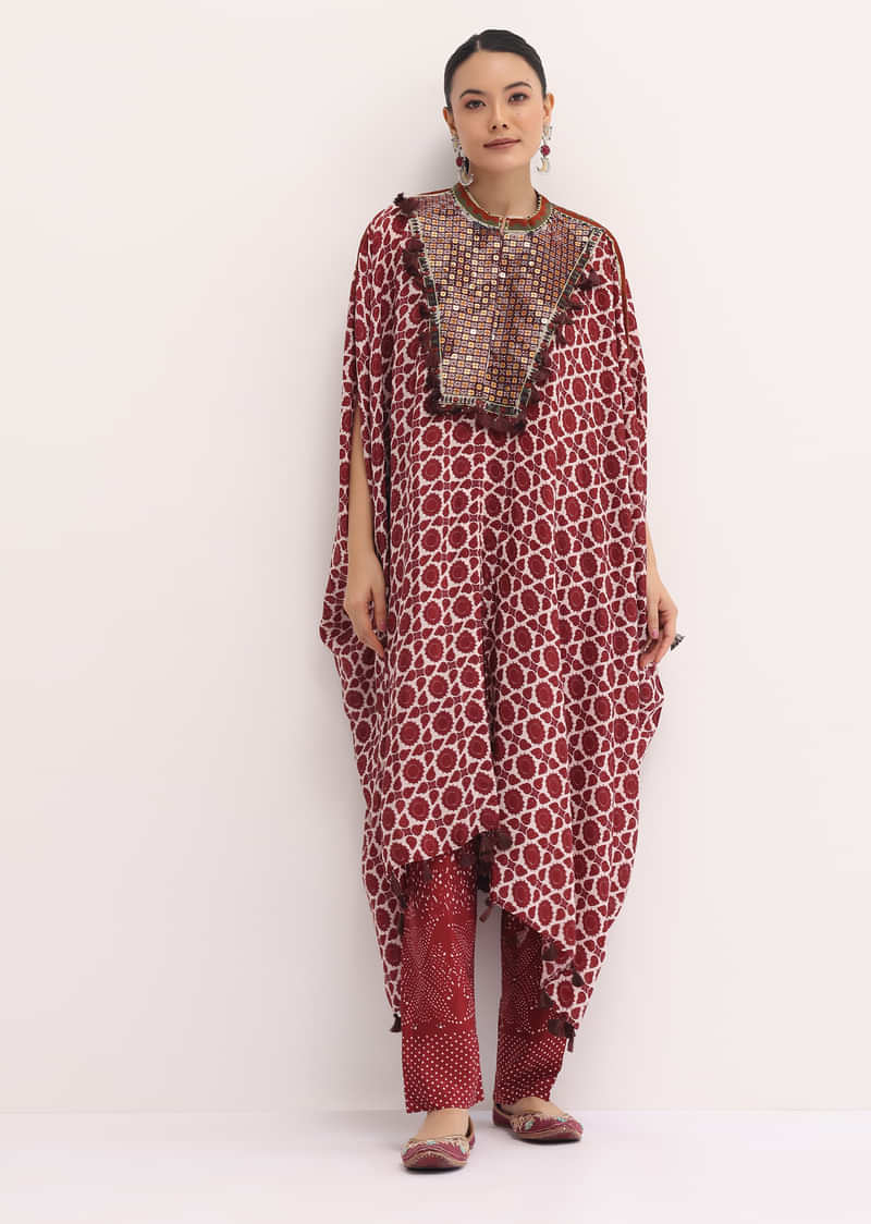 Maroon Printed Crepe Kaftan Kurta Set