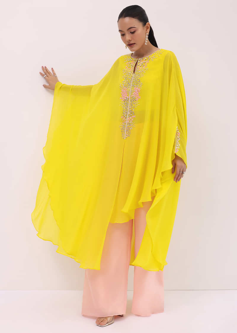 Yellow And Peach Georgette Kurta Palazzo