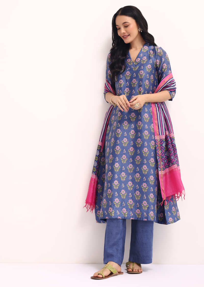 Blue Block Printed Chanderi Kurta Palazzo Set