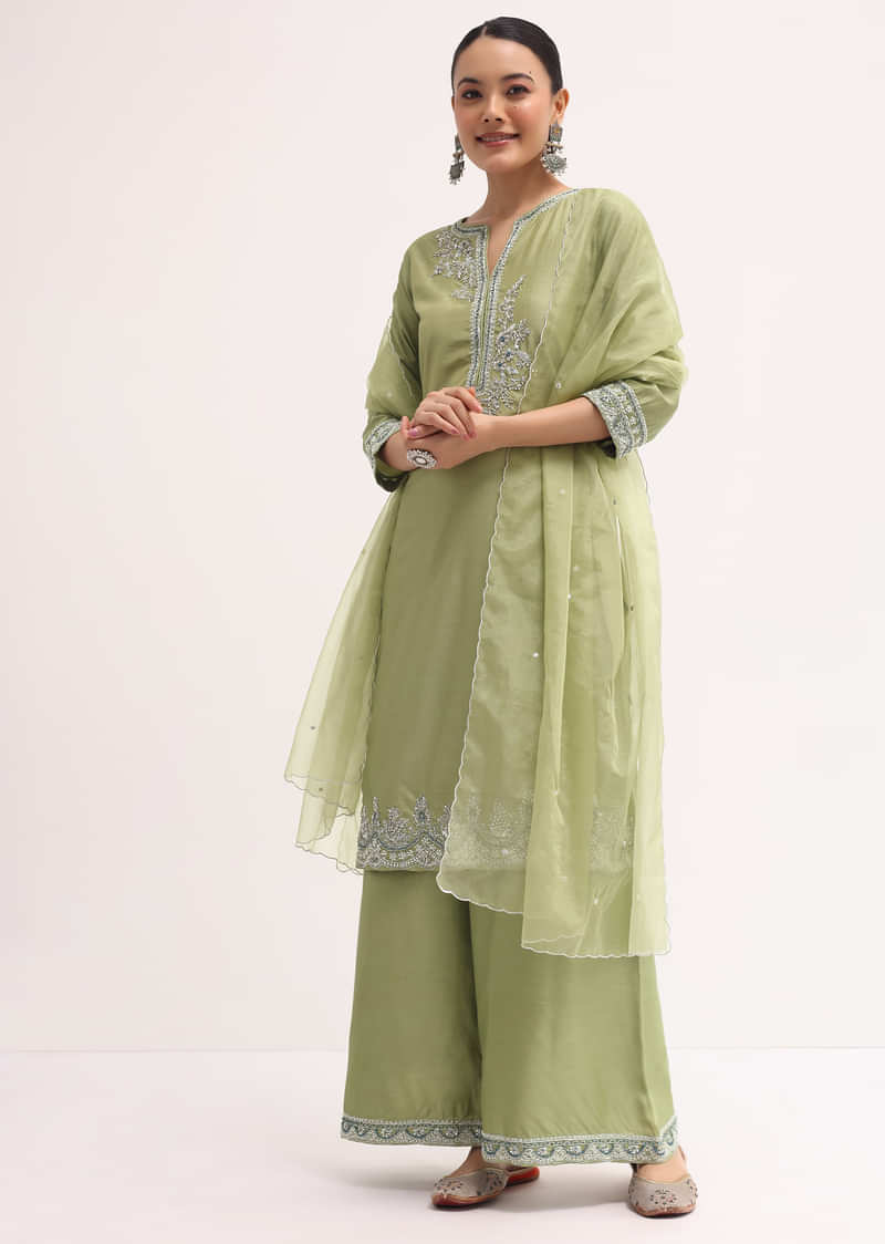 Green Embroidered Silk Kurta Palazzo Set