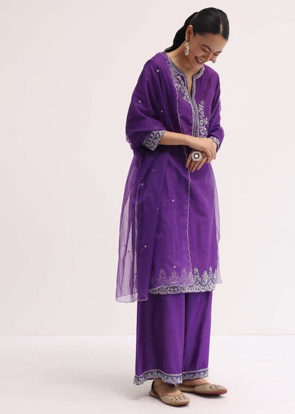 Purple Embroidered Silk Kurta Palazzo Set