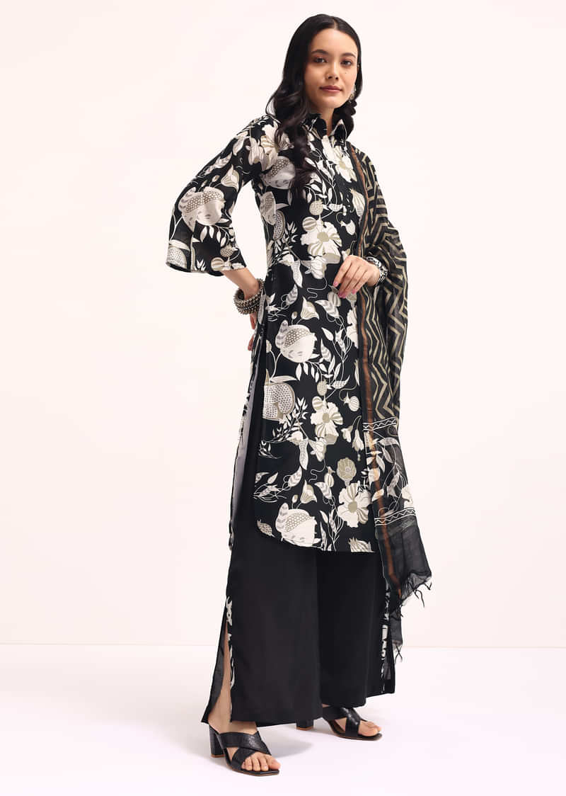 Black Abstract Printed Chanderi Kurta Palazzo Set