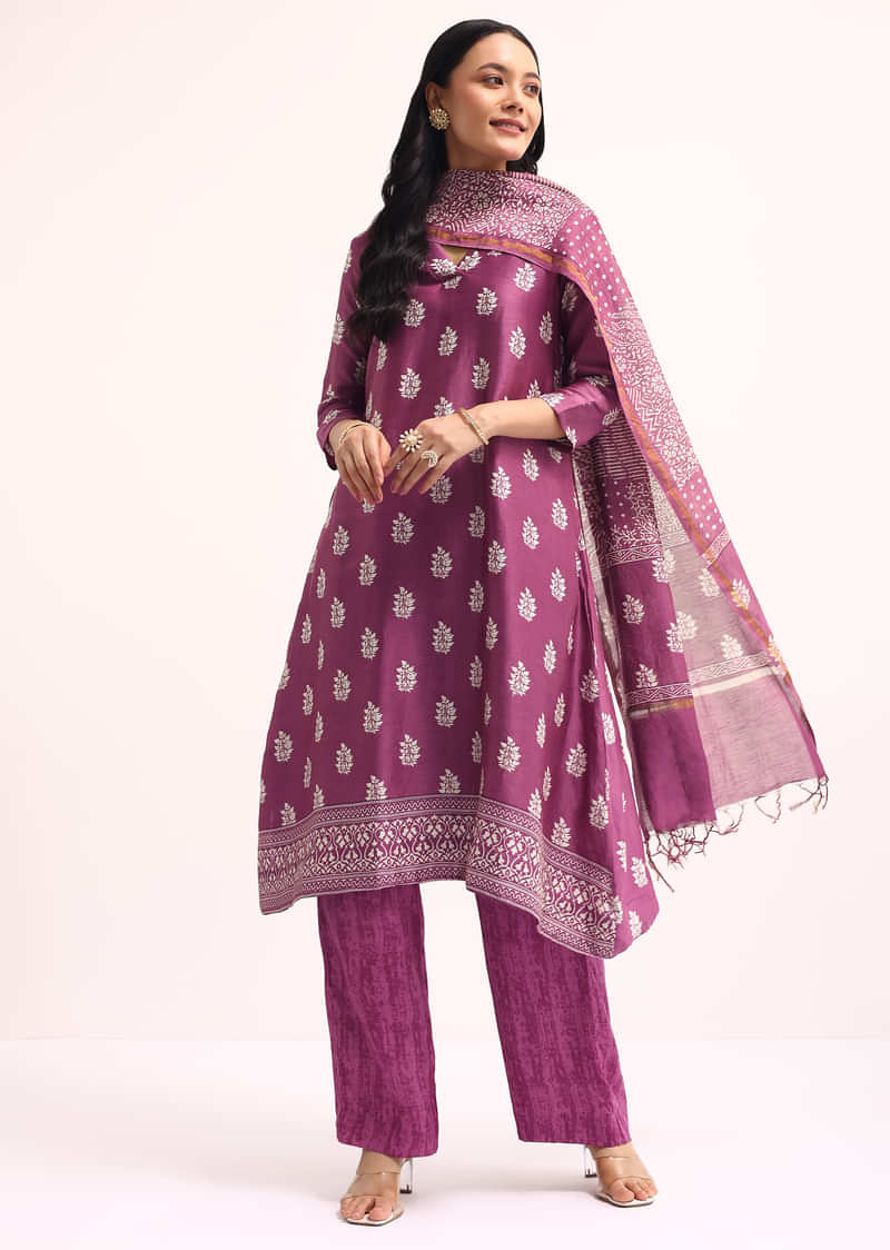 Purple Block Printed Chanderi Kurta Set With Dupatta