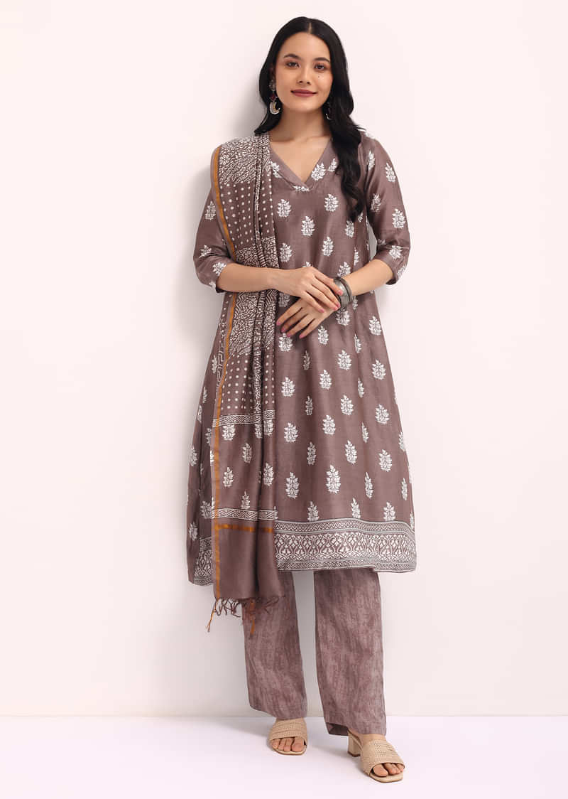 Brown Block Printed Chanderi Kurta Set With Dupatta