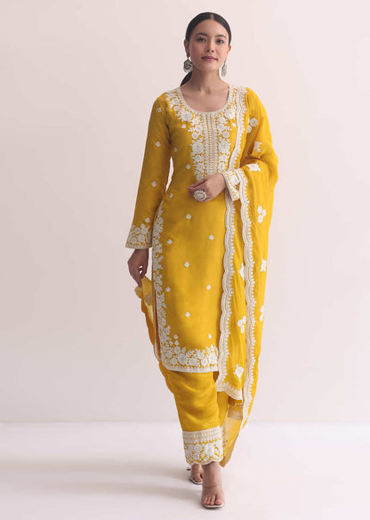 Yellow Organza Resham Threadwork Embroiderd Kurti Pant Set