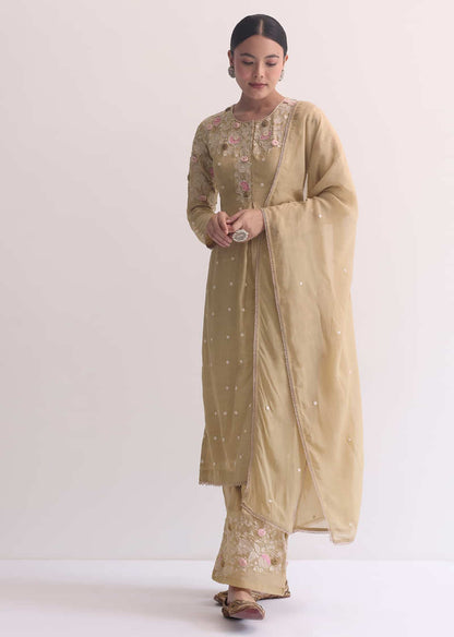 Beige Silk Kurta Pant Set With 3D Floral Work