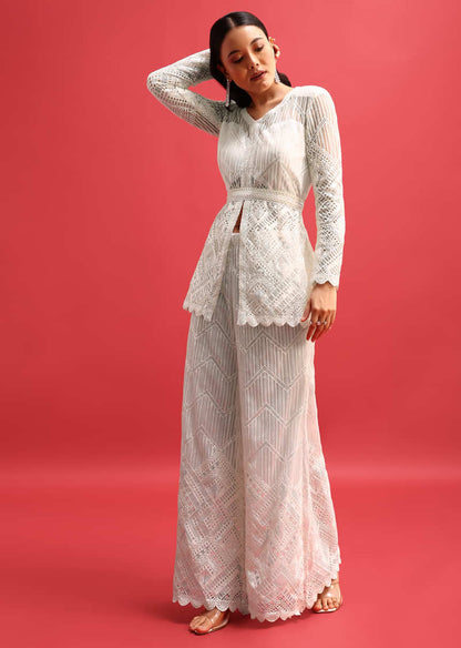 White Net Kurta Palazzo Set In Sequin Work