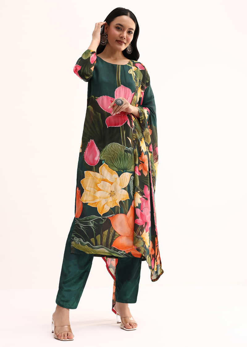 Dark Green Floral Satin Printed Kurta Set With Dupatta