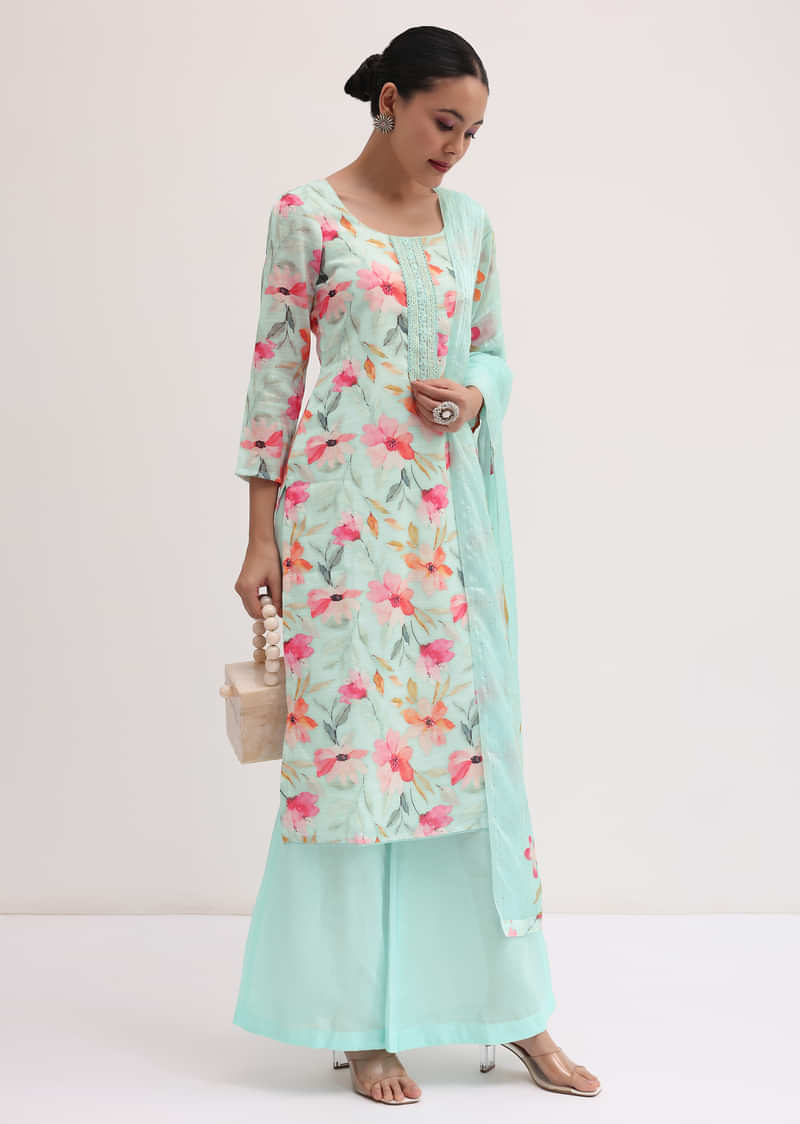 Pale Turquoise Linen Kurta Palazzo Set