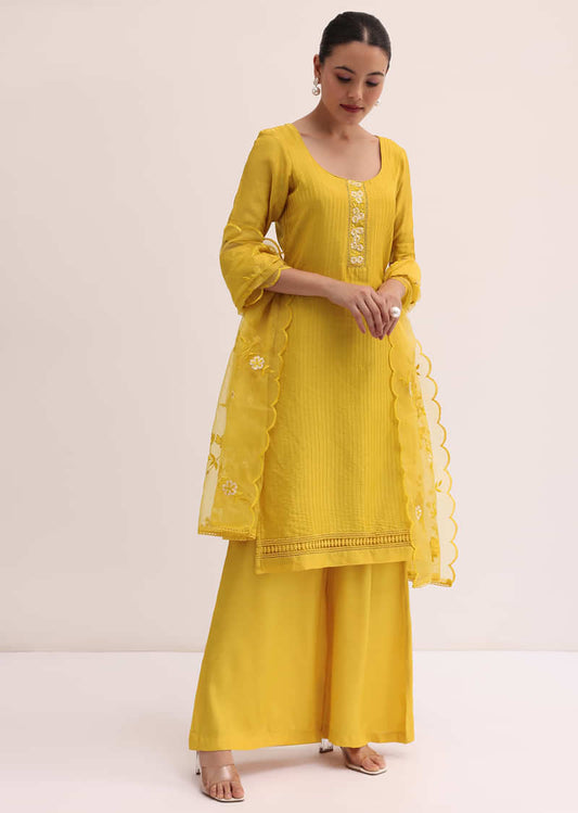 Yellow Embroidered Kurta Palazzo Set