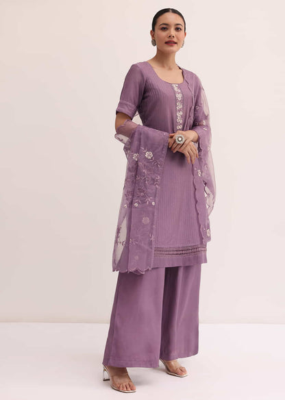 Purple Embroidered Kurta Palazzo Set