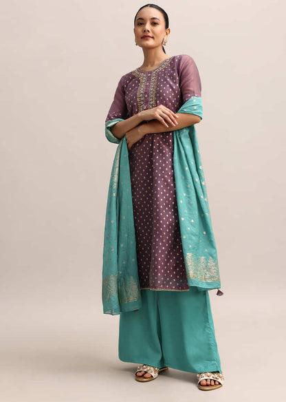 Purple And Aqua Green Embroidered Chanderi Kurta Palazzo With Dupatta