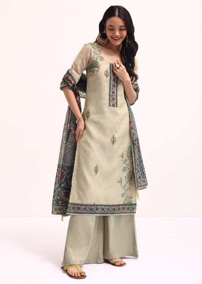 Grey Embroidered Kurta Palazzo Set With Kalamkari Dupatta