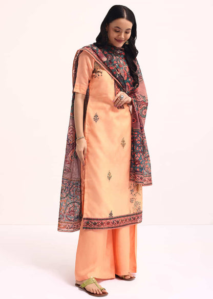 Peach Embroidered Kurta Palazzo Set With Kalamkari Dupatta