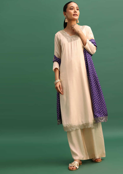 Beige And Violet Embroidered Kurta Palazzo With Dupatta