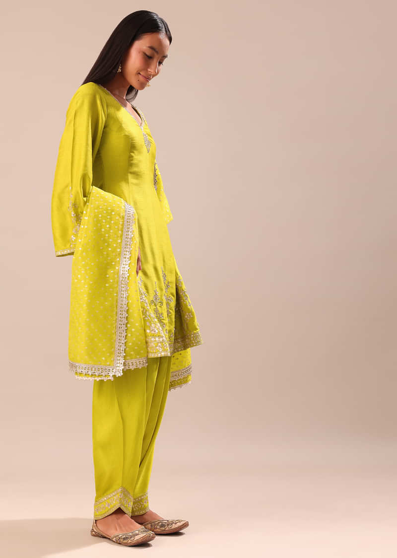 Lime Yellow Embroidered Kurta With Salwar And Dupatta