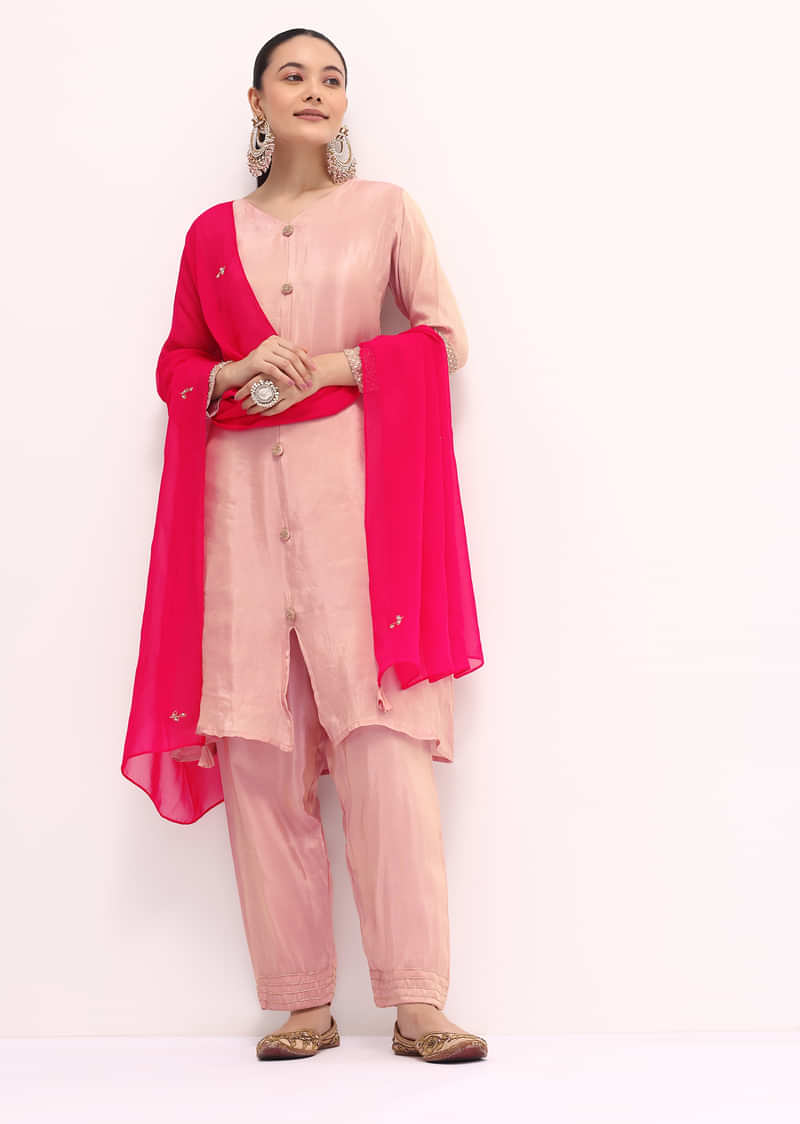 Peach And Pink Embroidered Kurta Set With Dupatta