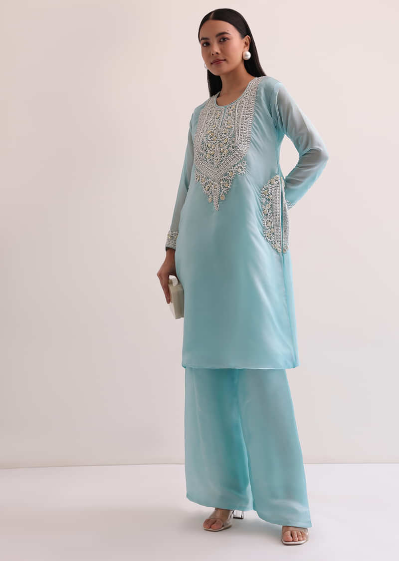 Sky Blue Embroidered Kurta With Palazzo