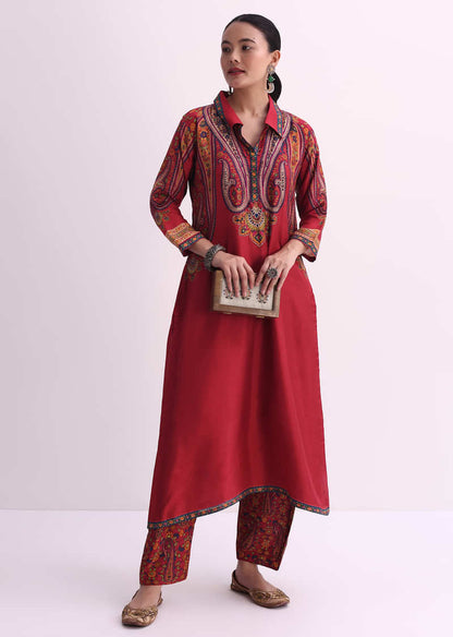 Red Sequin Embroidered Kurta With Printed Pant Set