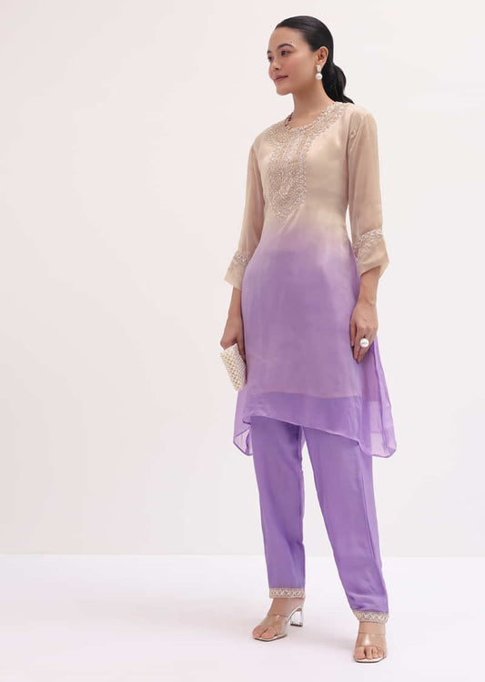 Purple And Beige Embroidered Kurta Pant