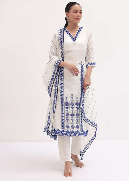 White Embroidered Linen Kurta Pant Set