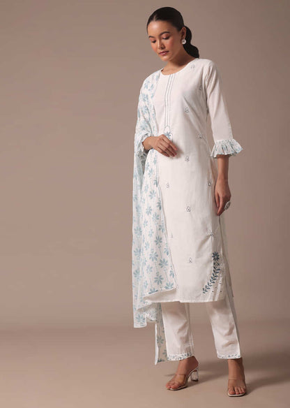 White Embroidered Cotton Kurta Pant Set