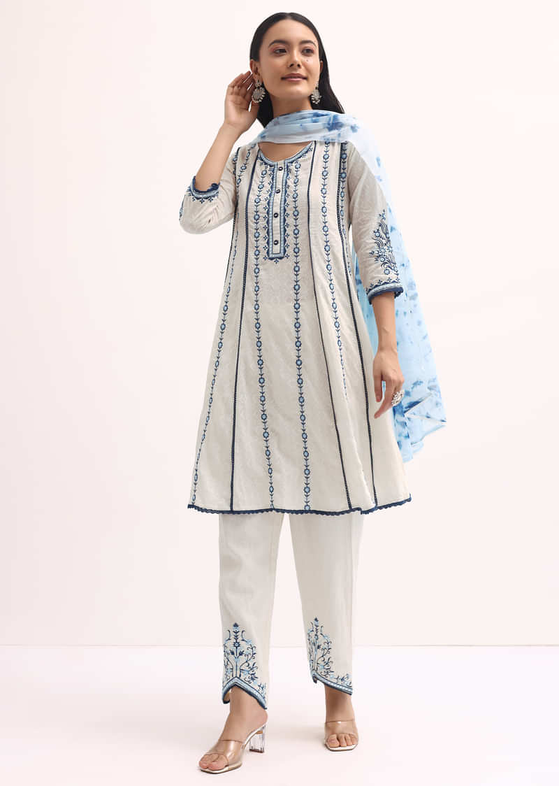 White And Blue Cotton Kurta Pant Set With Thread Work