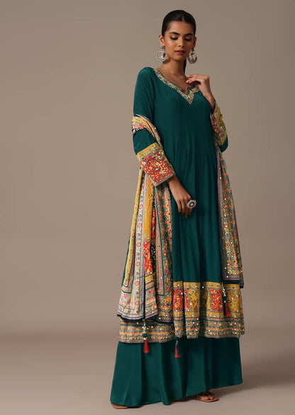 Teal Embroidered Kurta Palazzo Set With Mirror Work Dupatta