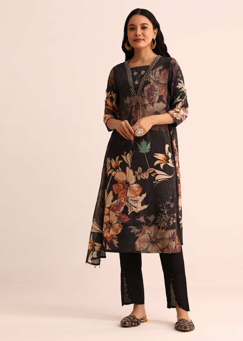 Grey And Black Floral Printed Satin Kurta Set With Dupatta