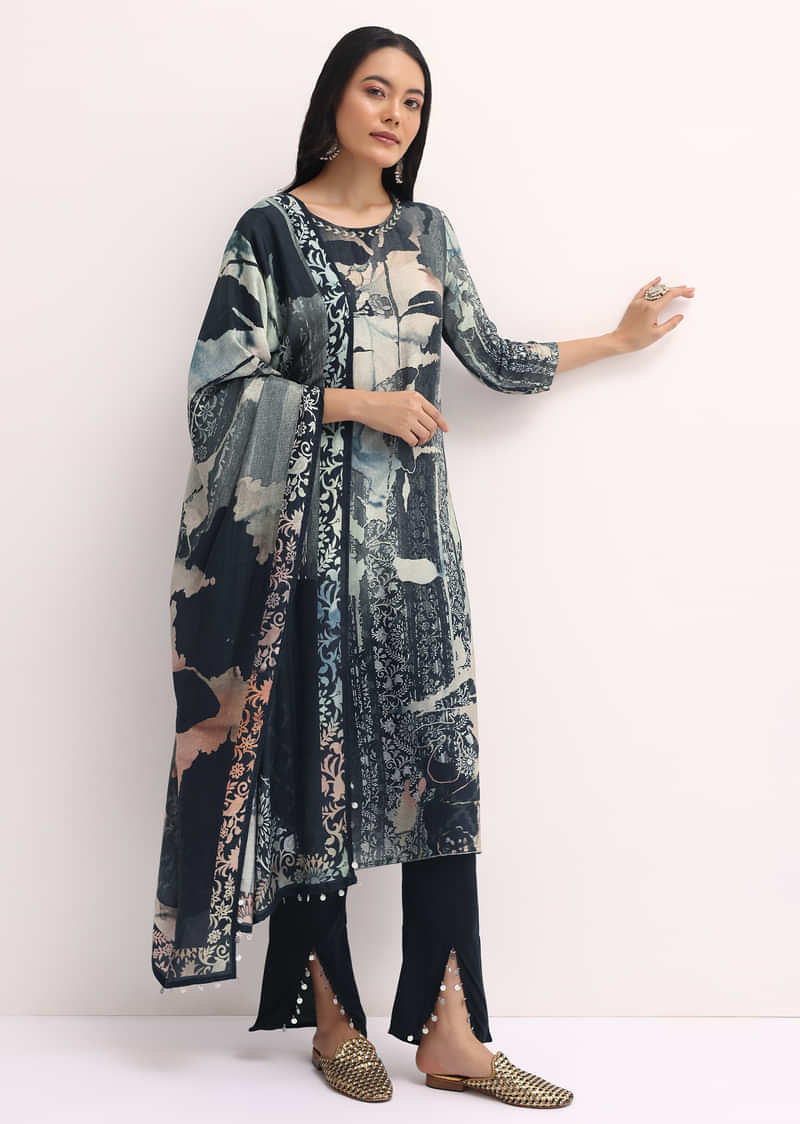 Black Printed Crepe Kurta Set With Dupatta