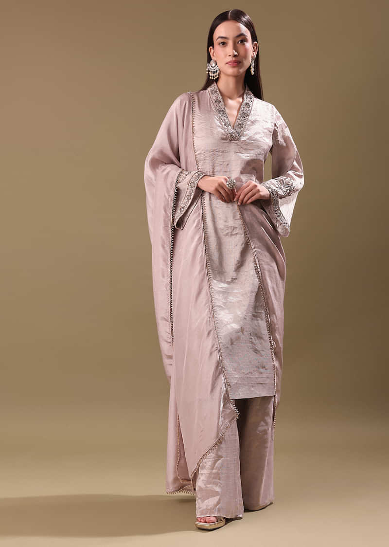 Pinkish Silver Hand Embroidered Tissue Kurta Set