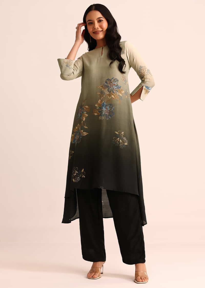 Green And Black Floral Printed Ombre Kurti And Pant