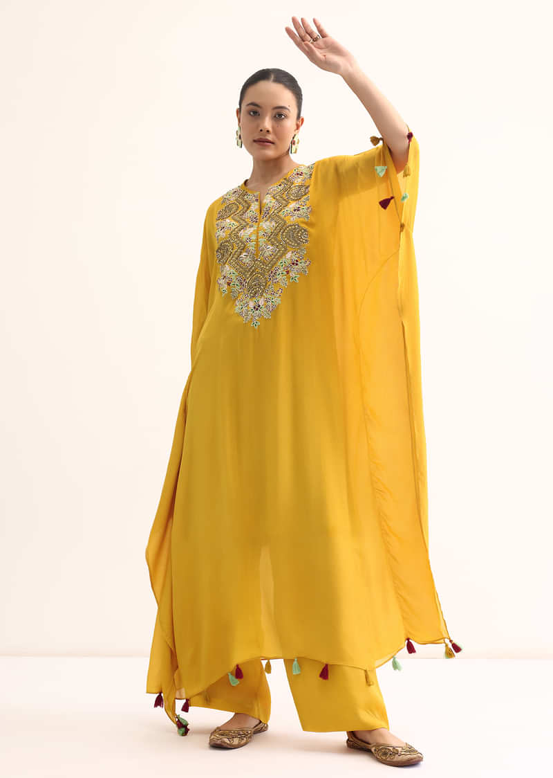 Yellow Embroidered Kaftan Kurta Set