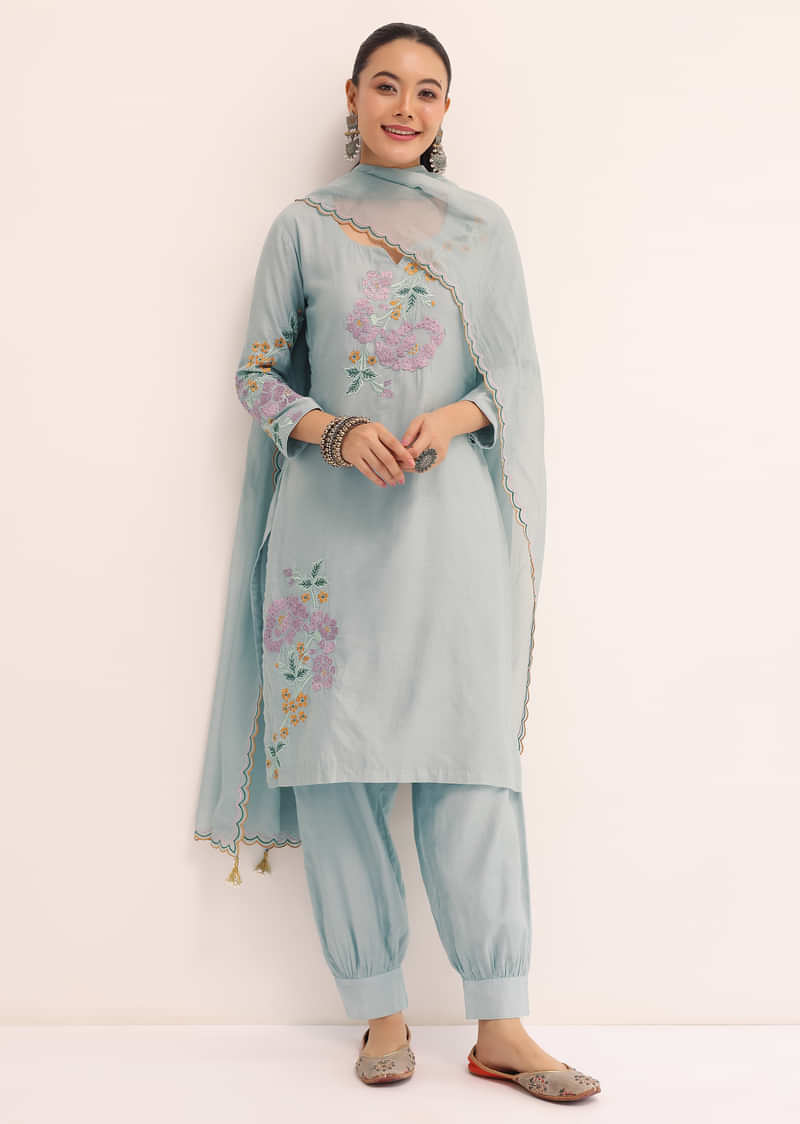 Blue Cotton Kurta Set With Dupatta In Resham Work