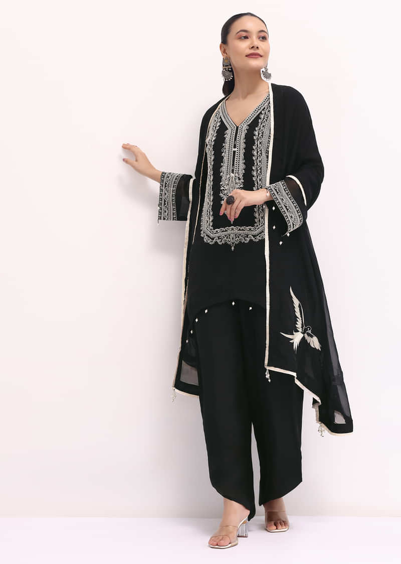 Black Chanderi Kurta Set With Dupatta