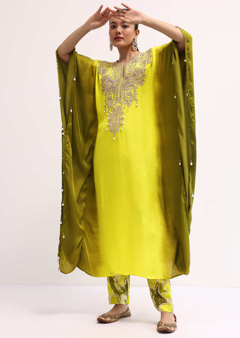 Yellow And Green Embroidered Satin Kurta Pant