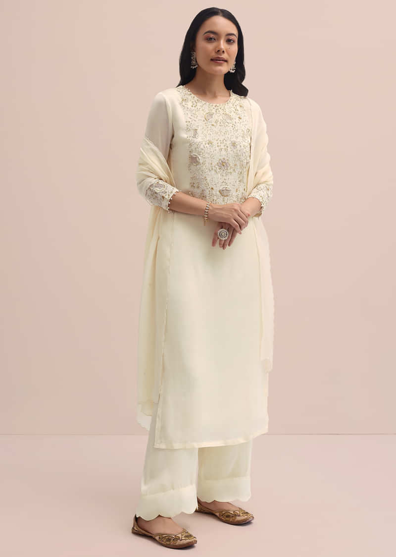 White Embroidered Chiffon Kurta Set With Dupatta