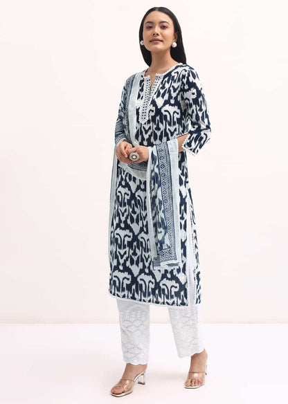 Blue And White Printed Kurta Set WIth Dupatta