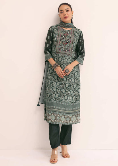 Dark Green Printed Crepe Kurta Set With Dupatta