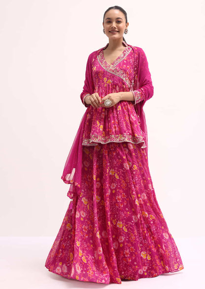 Pink Embroidered Kurta Lehenga Set-