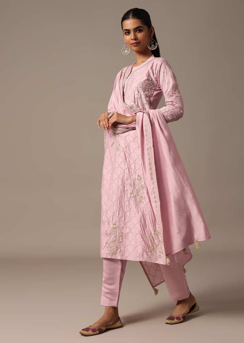 Pink Kurta Pant Set In Resham Work With Dupatta