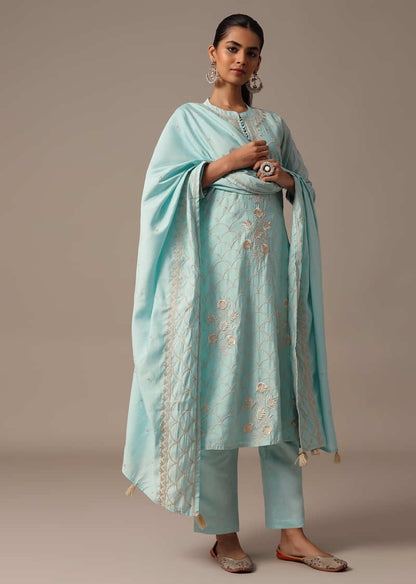 Blue Kurta Pant Set In Resham Work With Dupatta