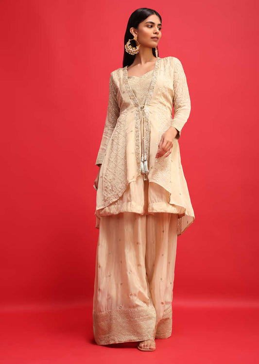 Beige Silk Kurta Palazzo Set With Jacket In Sequins