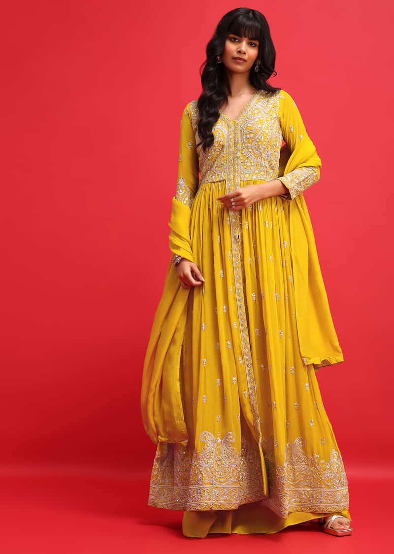 Yellow Georgette Kurta And Palazzo Set With Resham Work3