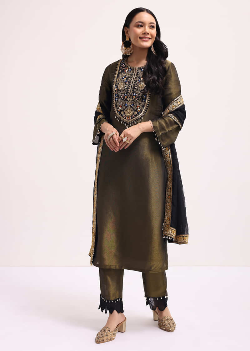 Mehendi Green Sequin Embroidered Tissue Kurta Set With Dupatta